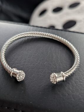Silver Twisted Cable Open Cuff Bracelet with Pave End Caps